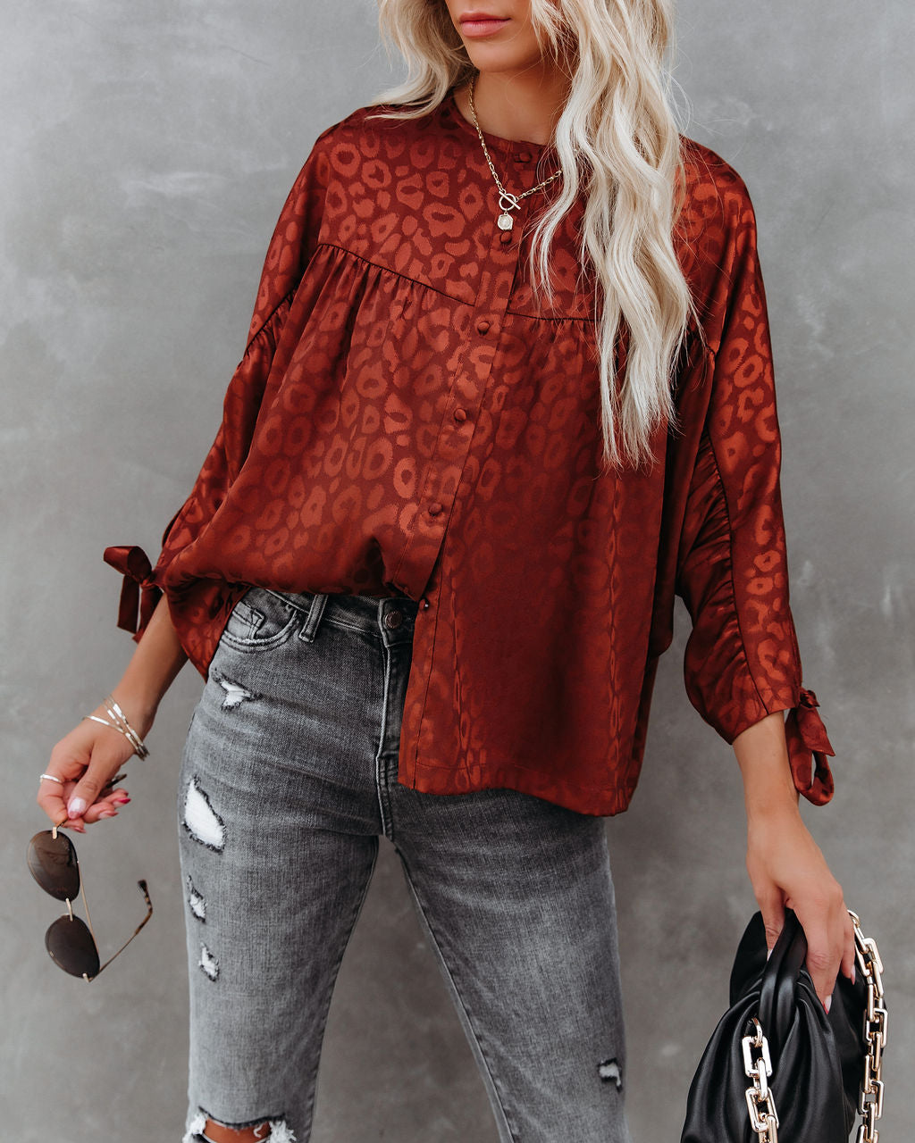 Hint Satin Leopard Embossed Dolman Blouse - Rust