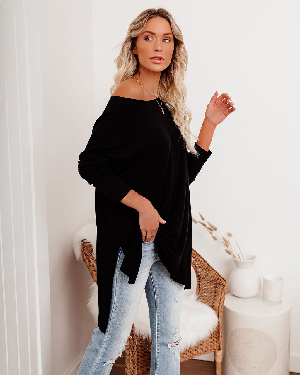 Holiday Weekend Cotton Long Sleeve Tunic - Black