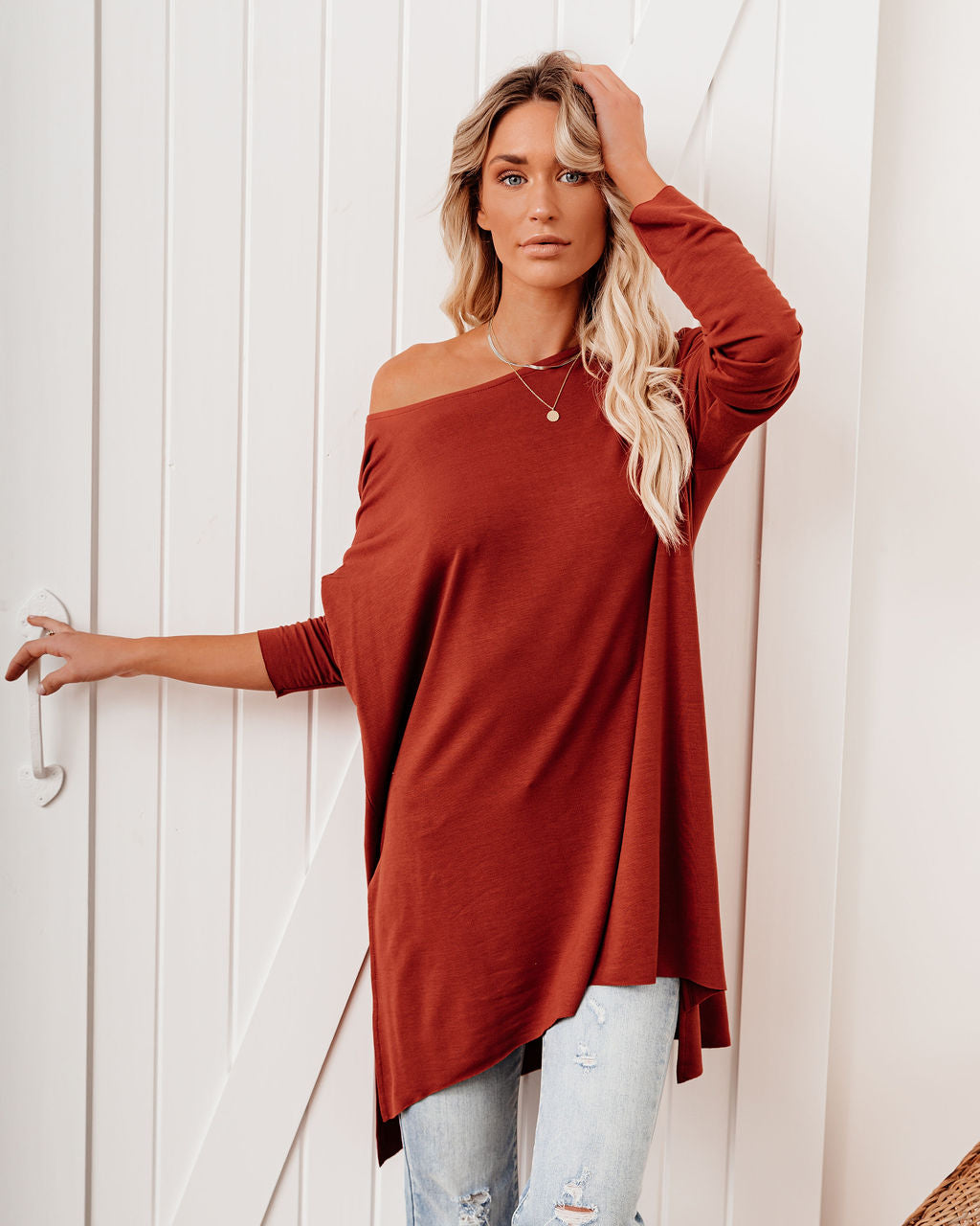 Holiday Weekend Cotton Long Sleeve Tunic - Brick