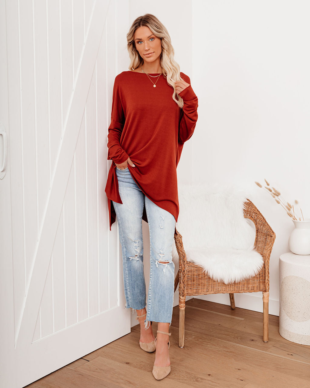 Holiday Weekend Cotton Long Sleeve Tunic - Brick