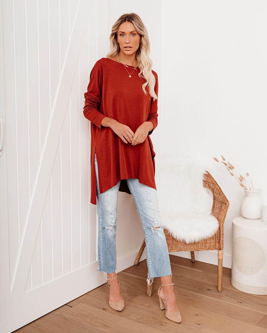 Holiday Weekend Cotton Long Sleeve Tunic - Brick