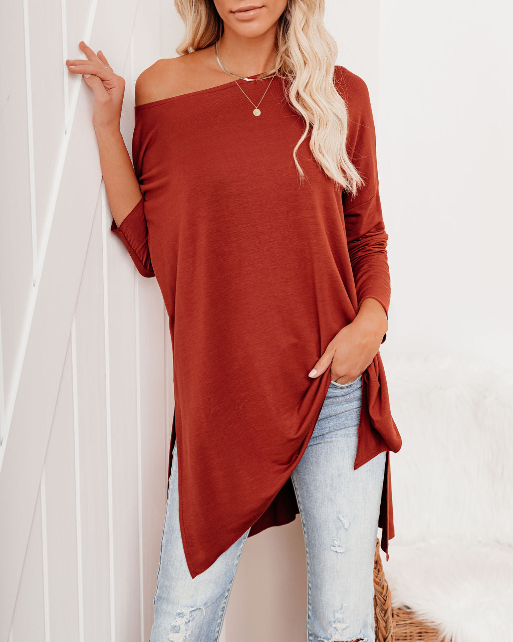 Holiday Weekend Cotton Long Sleeve Tunic - Brick