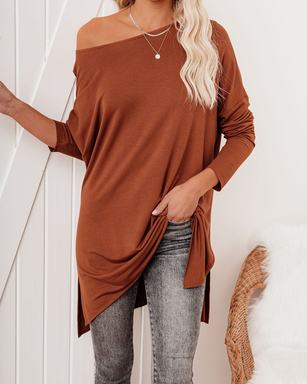 Holiday Weekend Cotton Long Sleeve Tunic - Rust