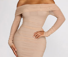 Hourglass Off Shoulder Ruched Midi Dress