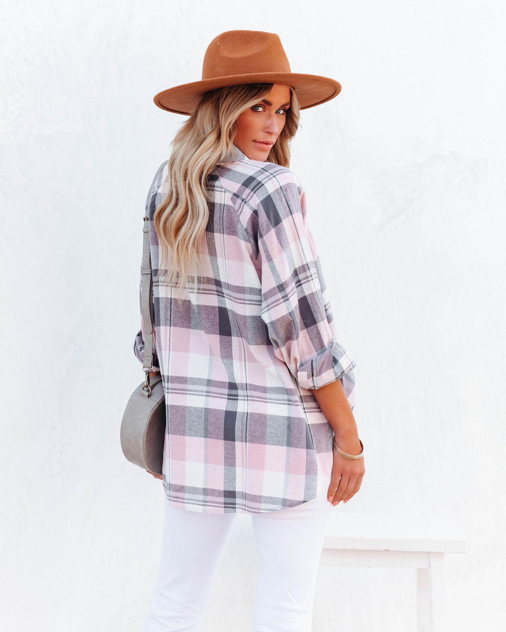Huckson Cotton Plaid Button Down Top - Pink Grey