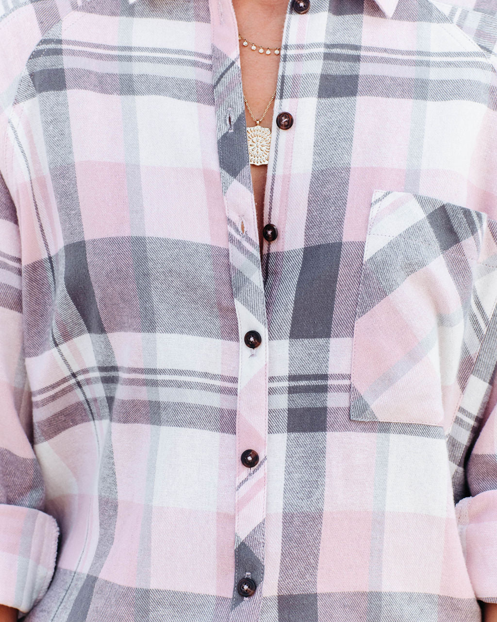 Huckson Cotton Plaid Button Down Top - Pink Grey