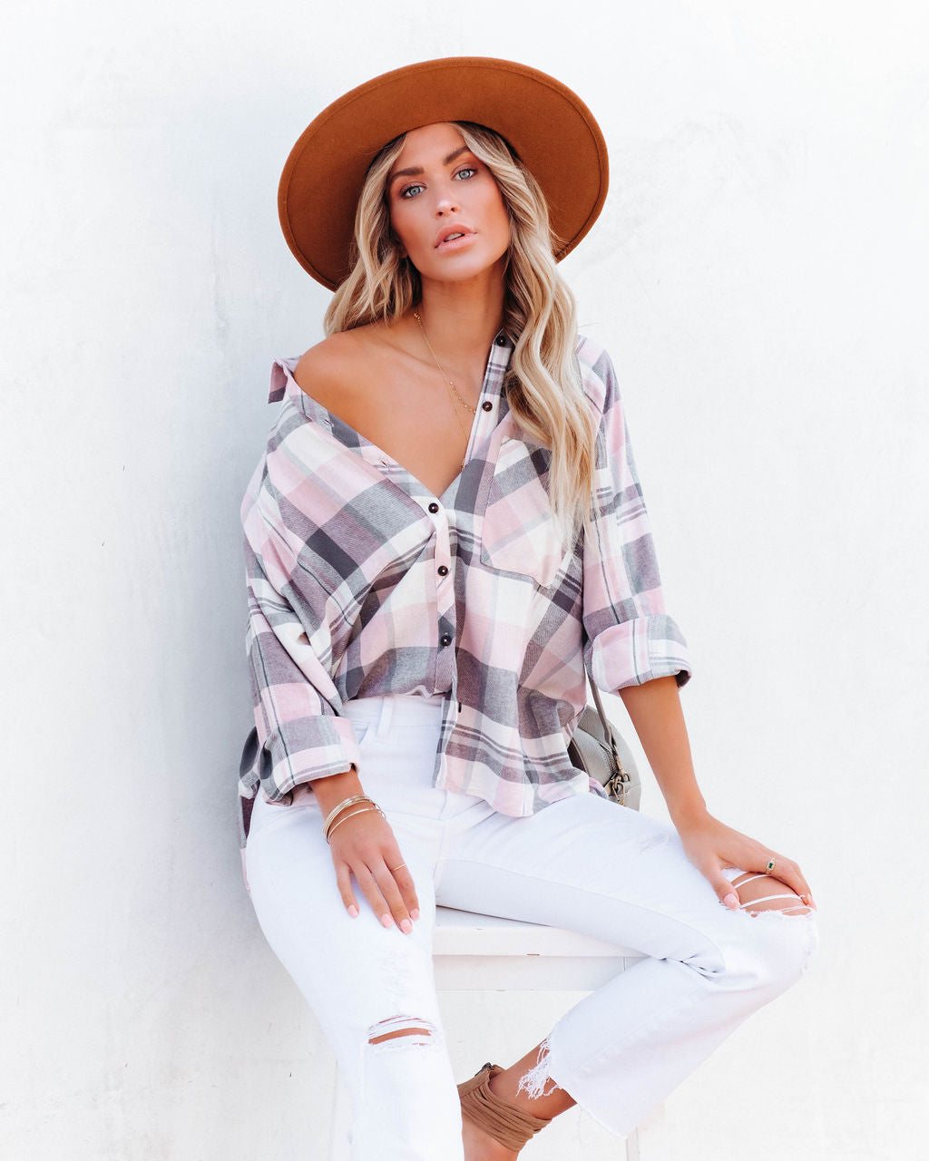 Huckson Cotton Plaid Button Down Top - Pink Grey