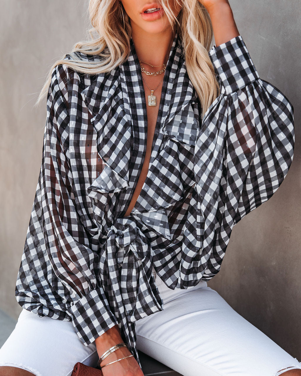 Huntsville Gingham Ruffle Tie Blouse