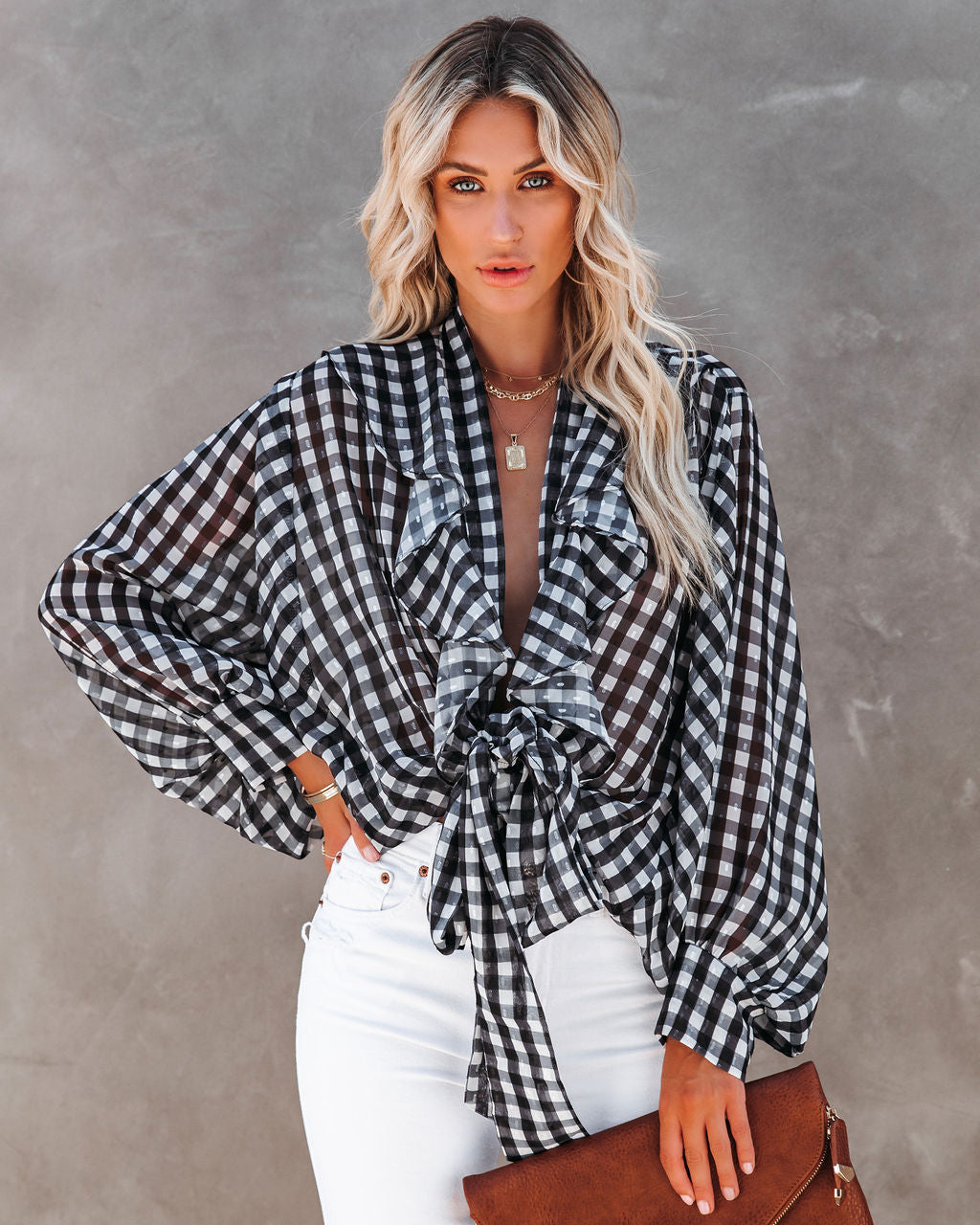 Huntsville Gingham Ruffle Tie Blouse