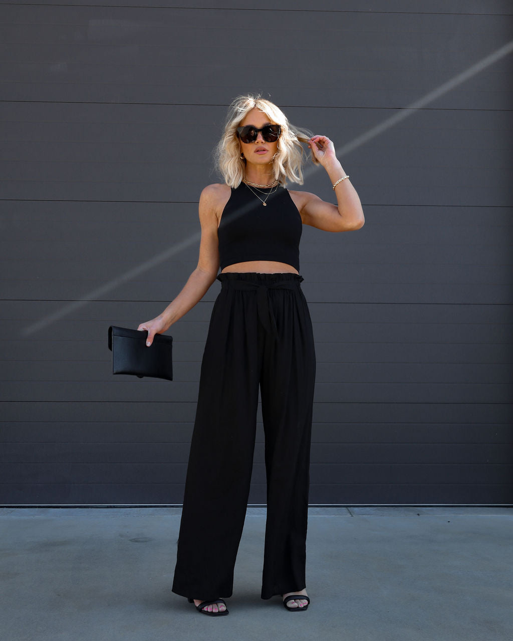 Del Ray Waist Tie Wide Leg Pants - Black