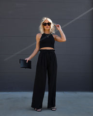 Del Ray Waist Tie Wide Leg Pants - Black