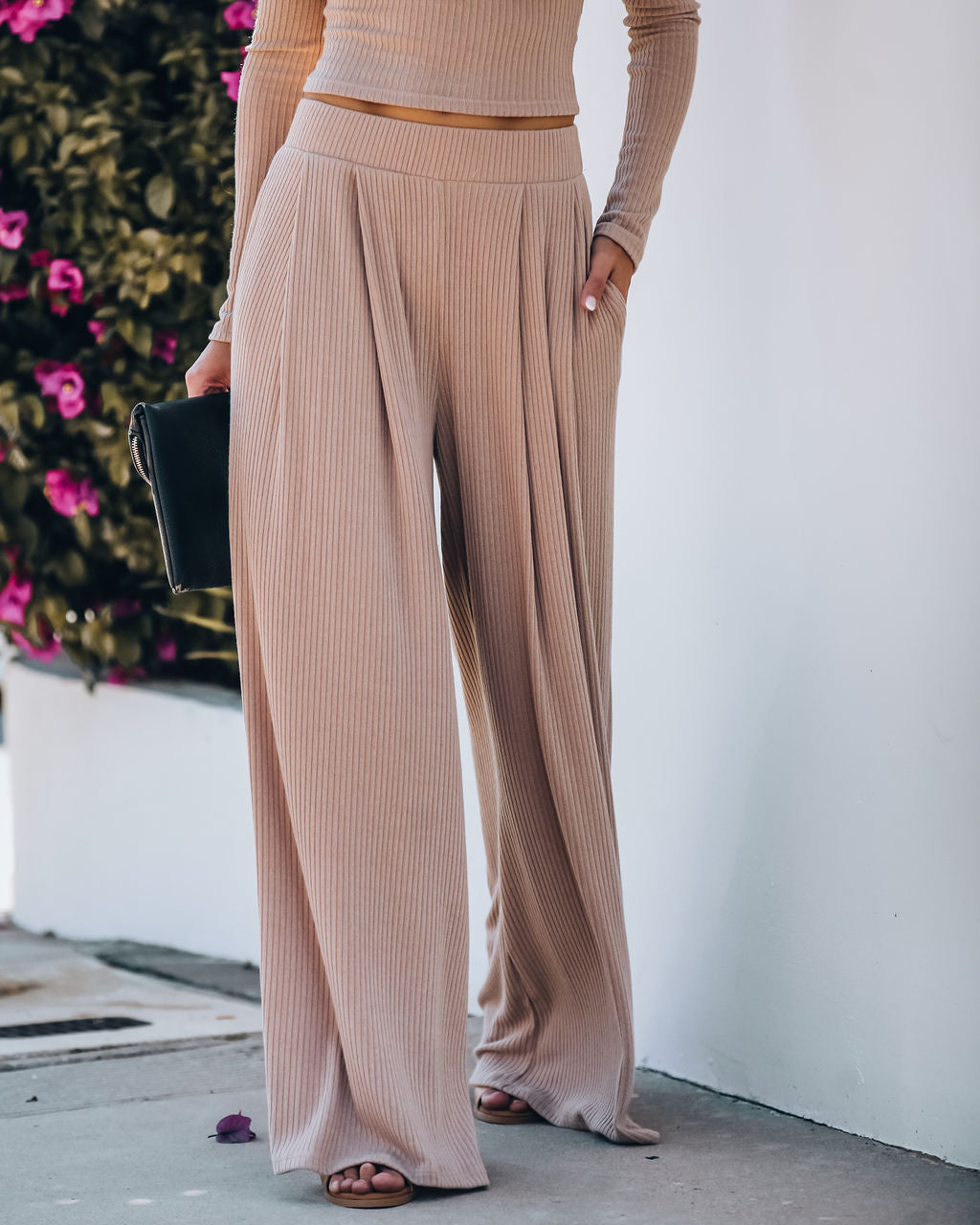 Hermosa Pocketed Ribbed Wide Leg Pants - Mocha