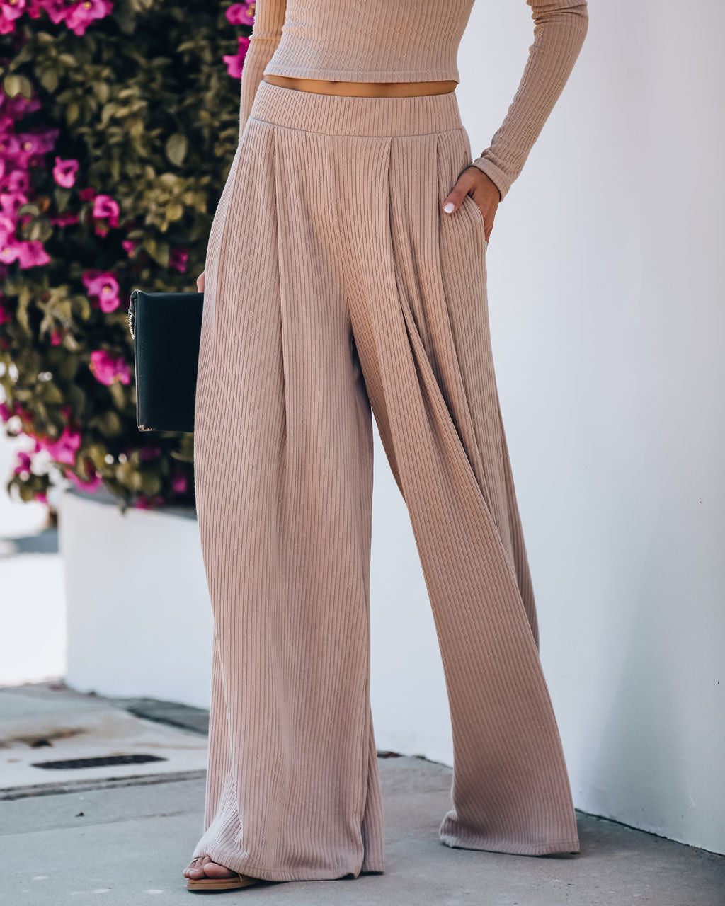 Hermosa Pocketed Ribbed Wide Leg Pants - Mocha