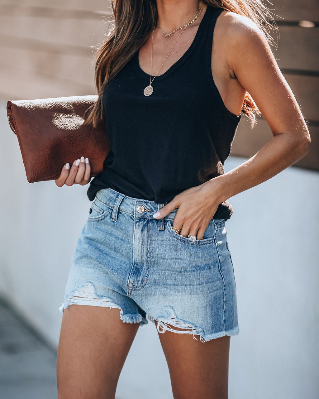 Hazel High Rise Distressed Denim Shorts