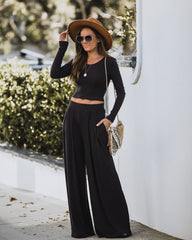 Hermosa Pocketed Ribbed Wide Leg Pants - Dark Charcoal