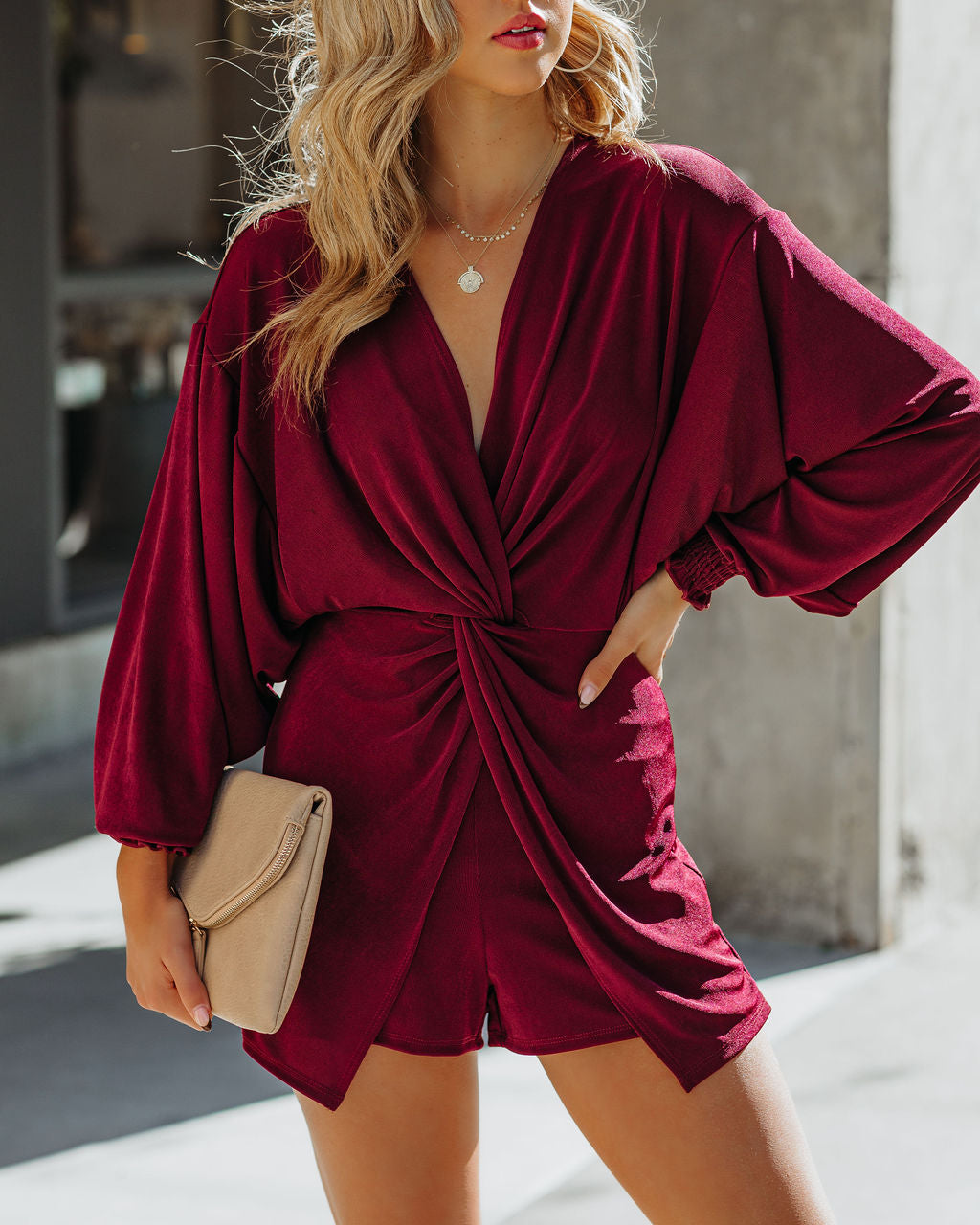 In The Mix Twist Front Knit Romper - Wine