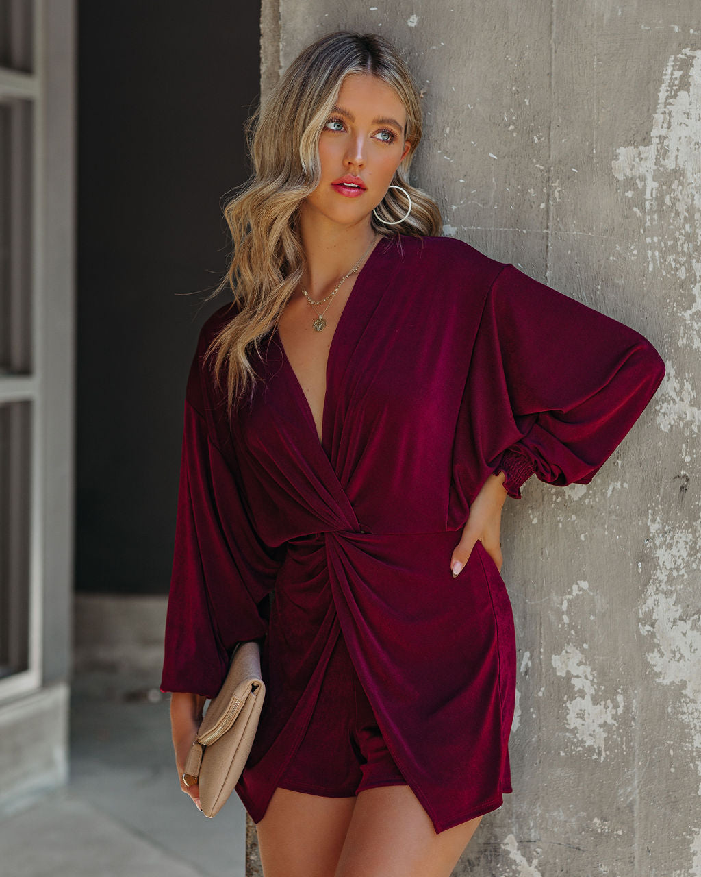 In The Mix Twist Front Knit Romper - Wine