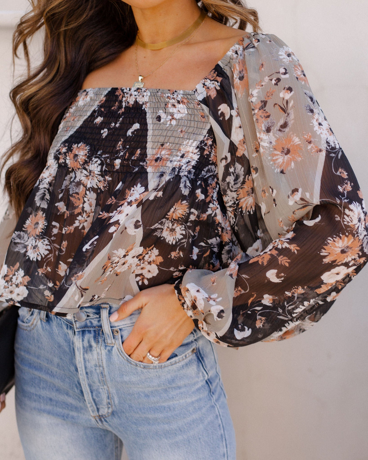 Infinite Florals Smocked Balloon Sleeve Blouse