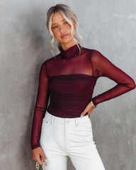 Irresistible Me Mock Neck Sheer Ruched Bodysuit - Merlot