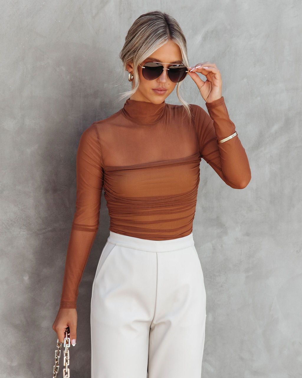 Irresistible Me Mock Neck Sheer Ruched Bodysuit - Toffee