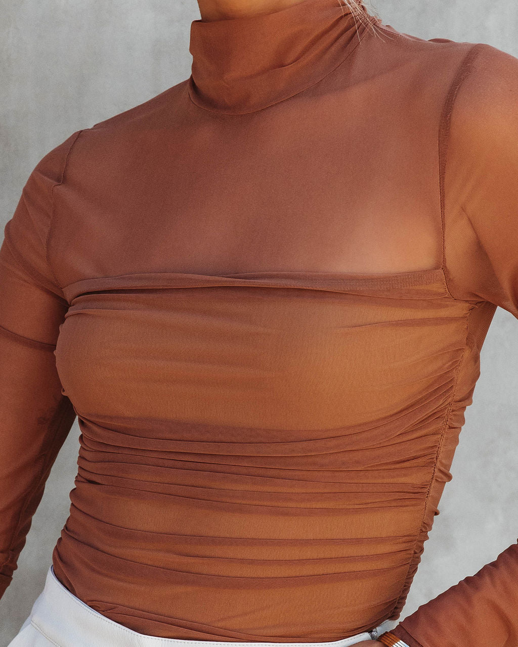 Irresistible Me Mock Neck Sheer Ruched Bodysuit - Toffee