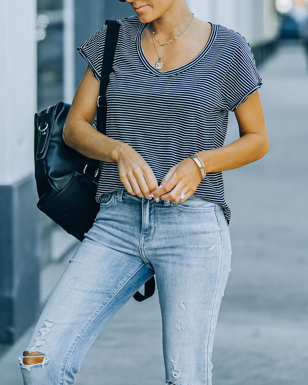 Jeff Cotton Modal Striped Scoop Tee - Black