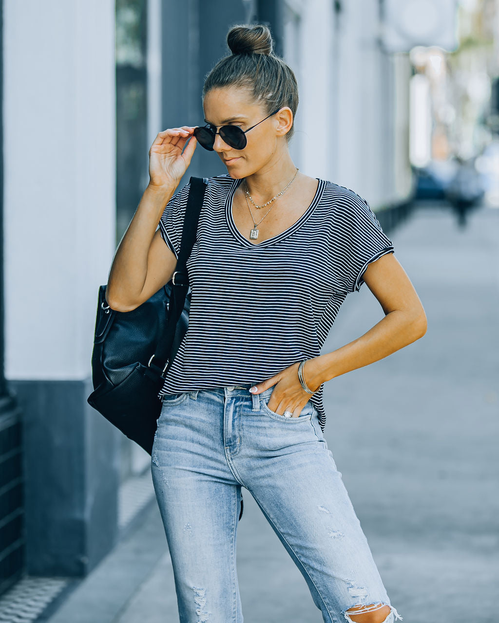 Jeff Cotton Modal Striped Scoop Tee - Black