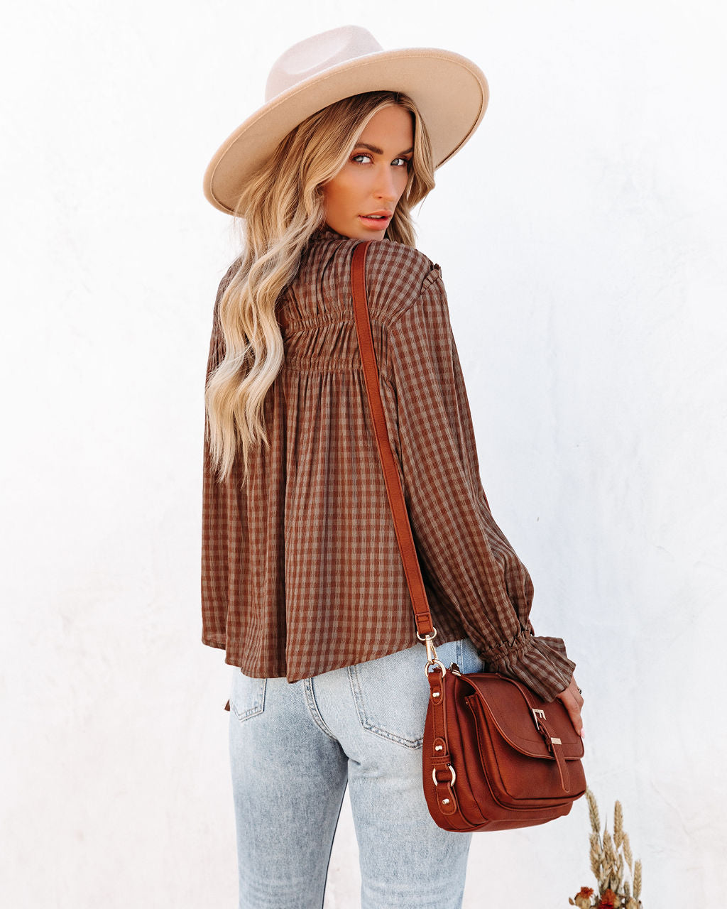 Jhene Cotton Blend Shirred Gingham Top