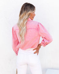 Jiana Distressed Denim Button Down Top - Pink