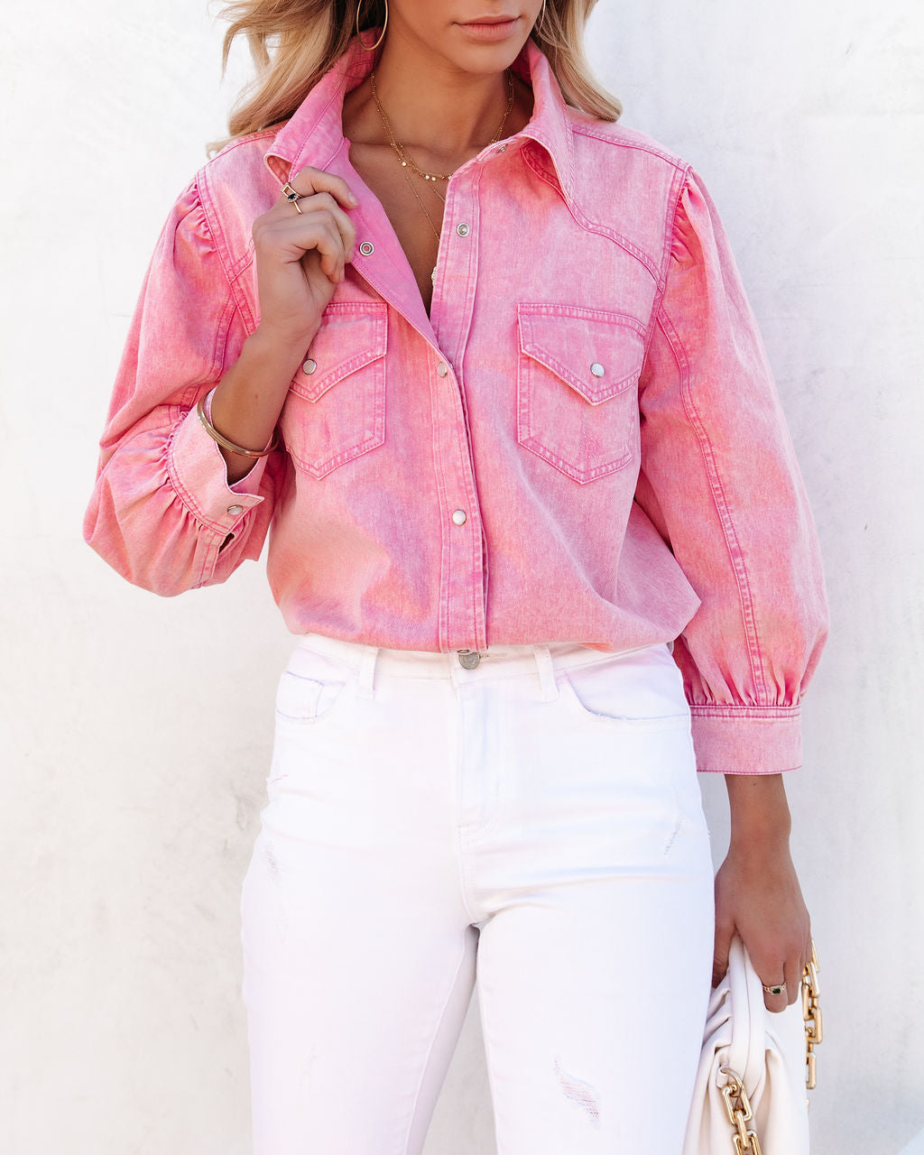 Jiana Distressed Denim Button Down Top - Pink