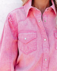 Jiana Distressed Denim Button Down Top - Pink