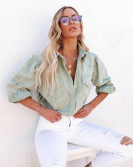 Jiana Distressed Denim Button Down Top - Seafoam