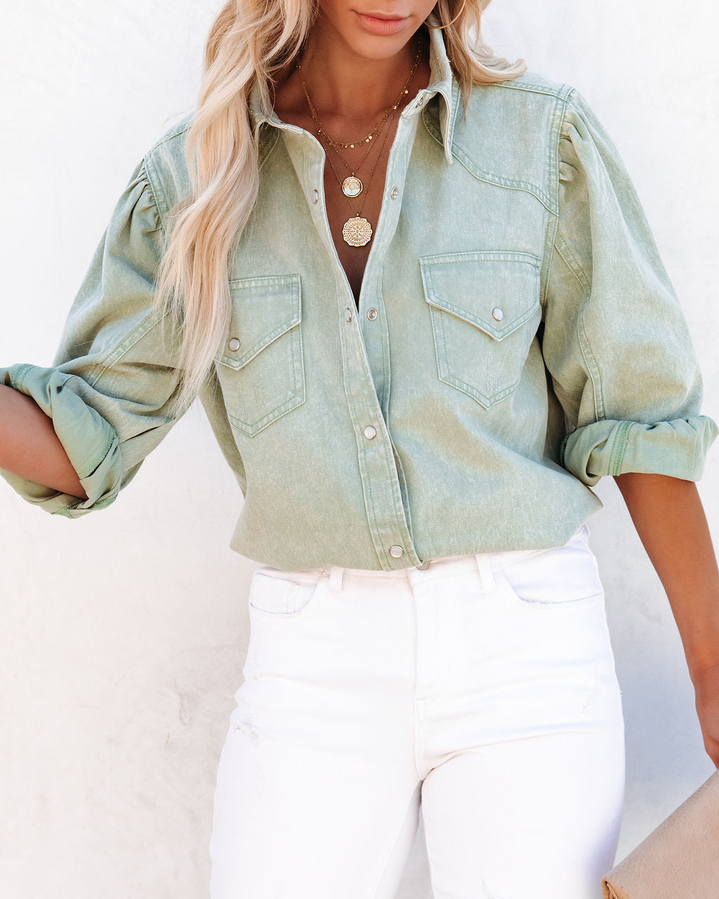 Jiana Distressed Denim Button Down Top - Seafoam