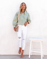 Jiana Distressed Denim Button Down Top - Seafoam