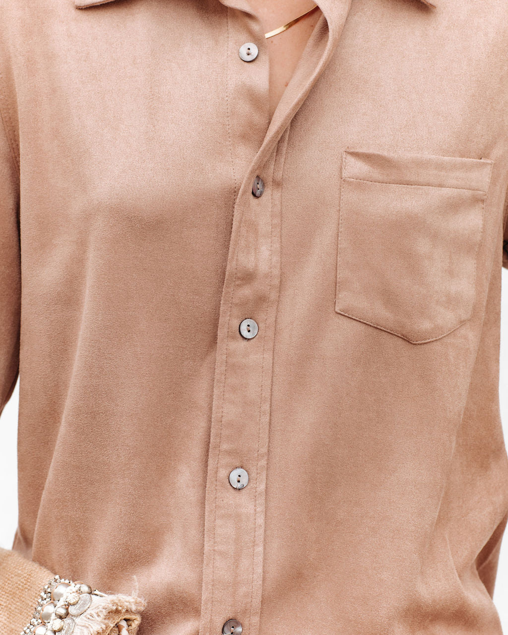 Jinnie Faux Suede Button Down Top - Taupe