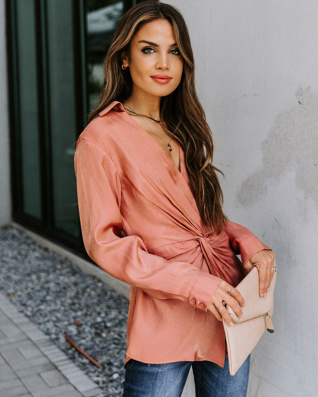 Josephine Satin Collared Twist Blouse - Rust