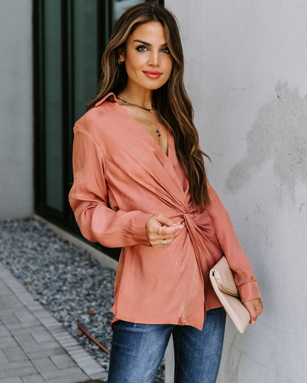 Josephine Satin Collared Twist Blouse - Rust