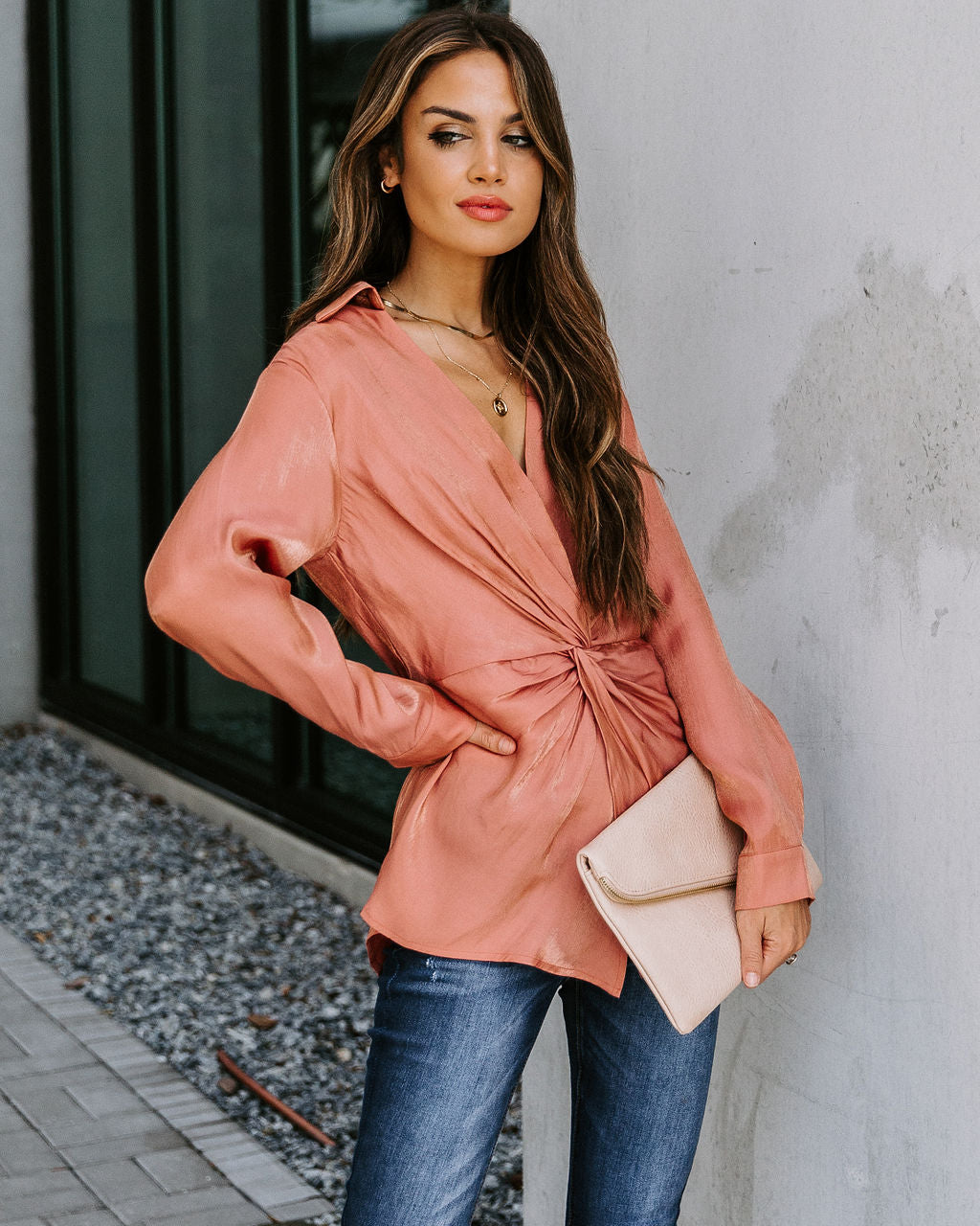 Josephine Satin Collared Twist Blouse - Rust