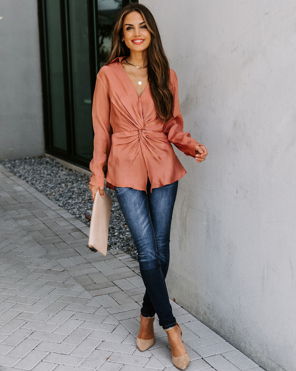 Josephine Satin Collared Twist Blouse - Rust