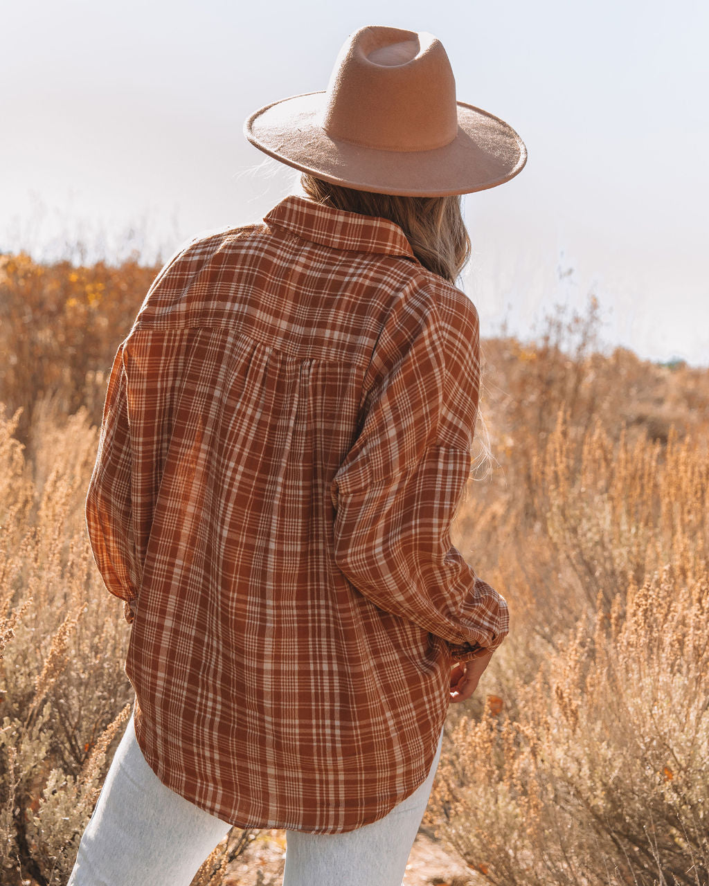 Journee Cotton Plaid Button Down Top - Burnt Orange