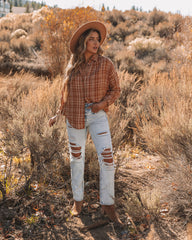 Journee Cotton Plaid Button Down Top - Burnt Orange