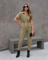 June Denim Pocketed Utility Jumpsuit - Olive