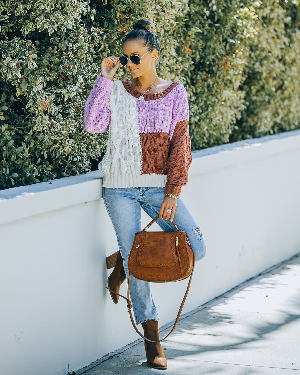 Kairo Colorblock Cable Knit Sweater - Chocolate Combo