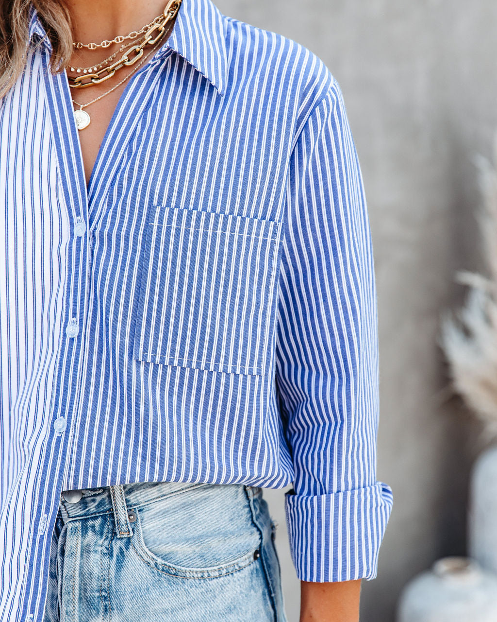 Kalvin Cotton Colorblock Button Down Top