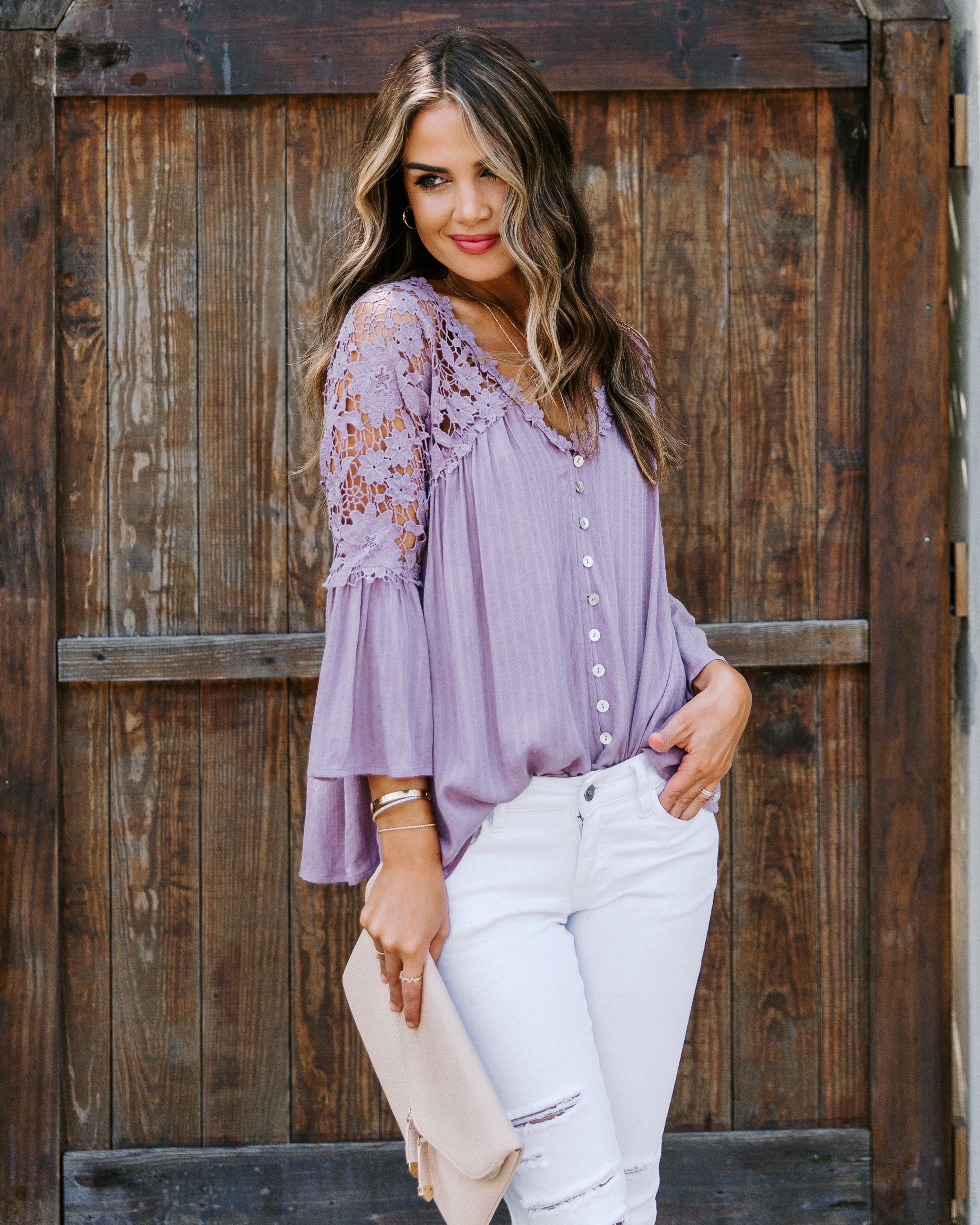 Kami Crochet Lace Button Down Top - Mauve