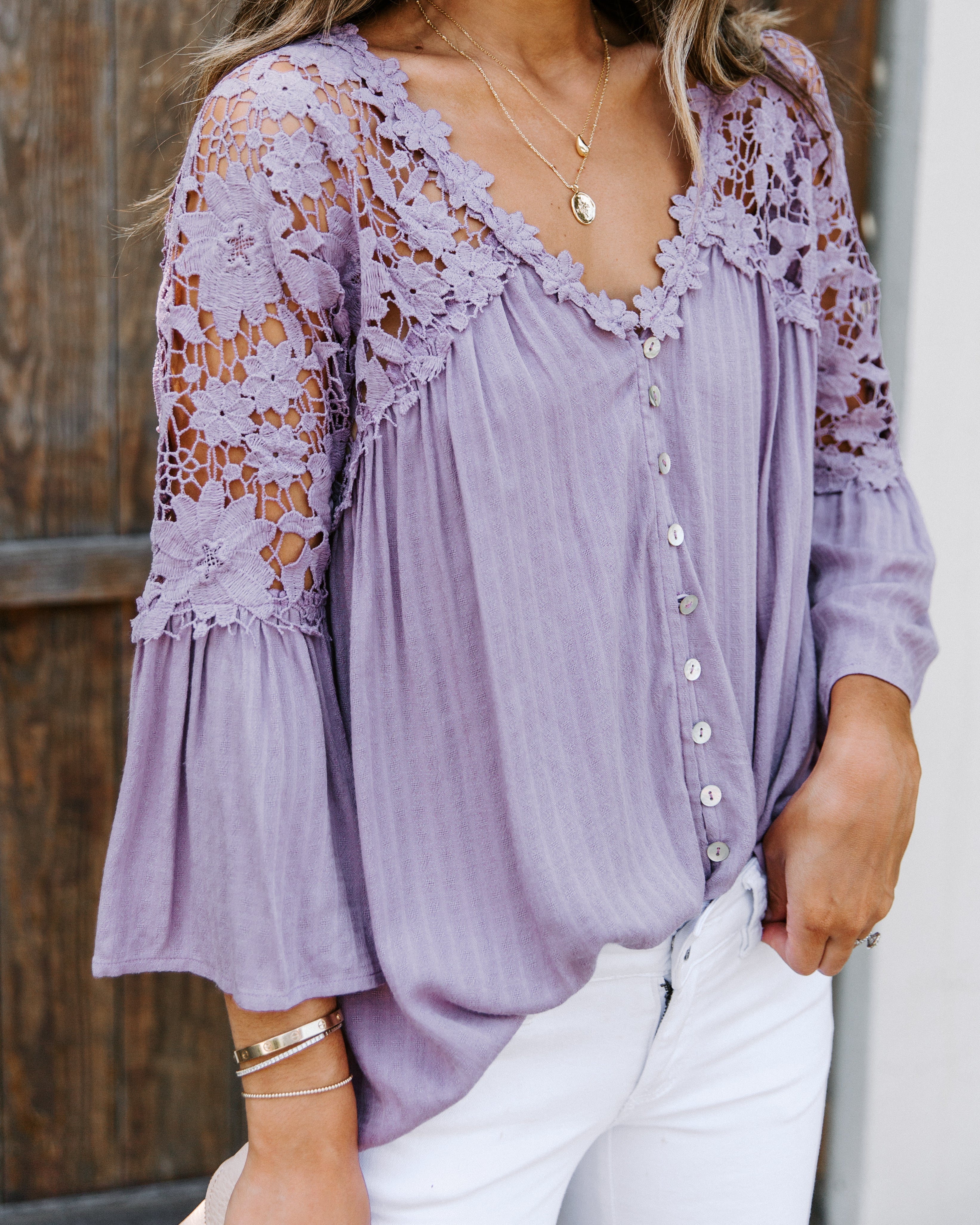 Kami Crochet Lace Button Down Top - Mauve