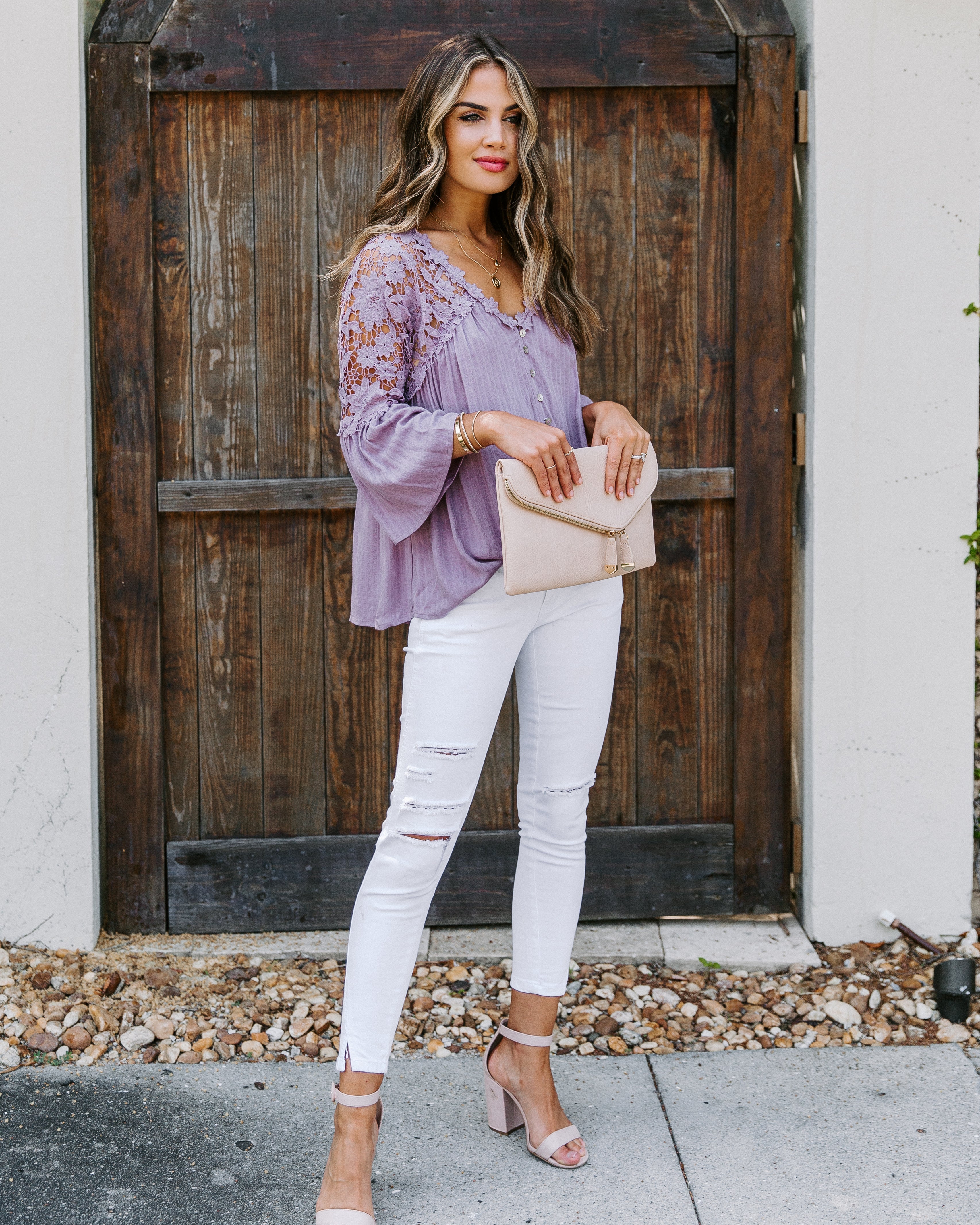 Kami Crochet Lace Button Down Top - Mauve