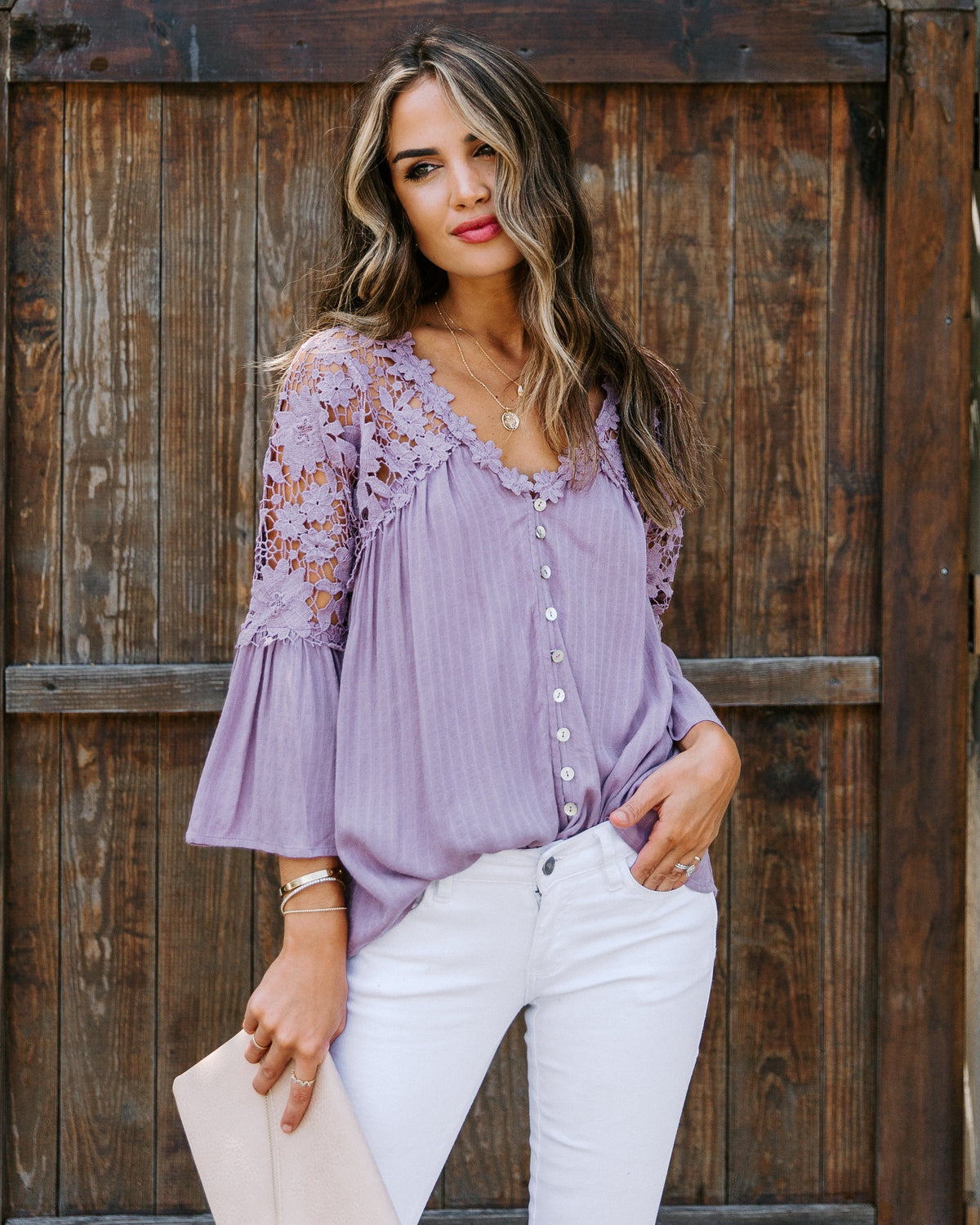 Kami Crochet Lace Button Down Top - Mauve