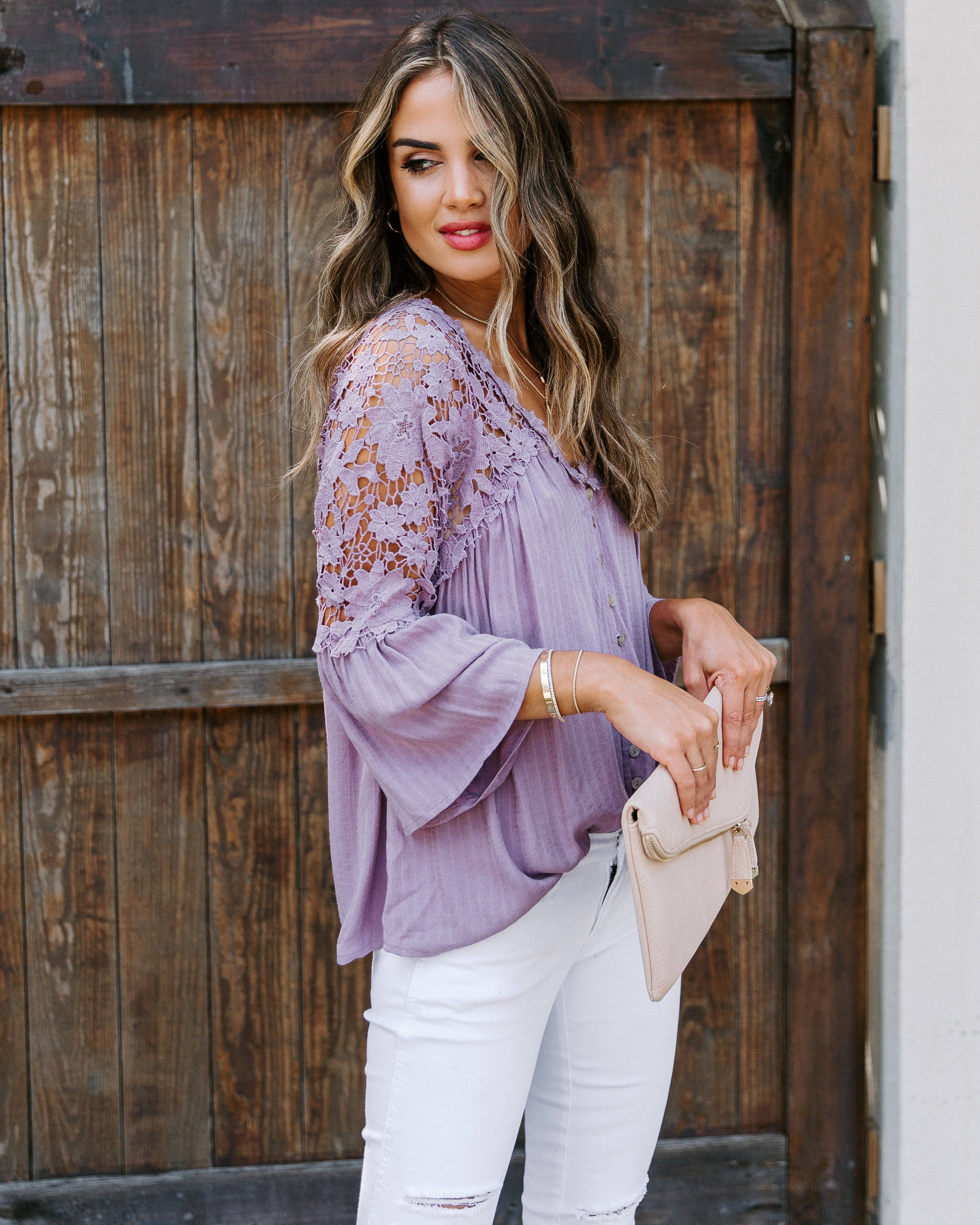 Kami Crochet Lace Button Down Top - Mauve