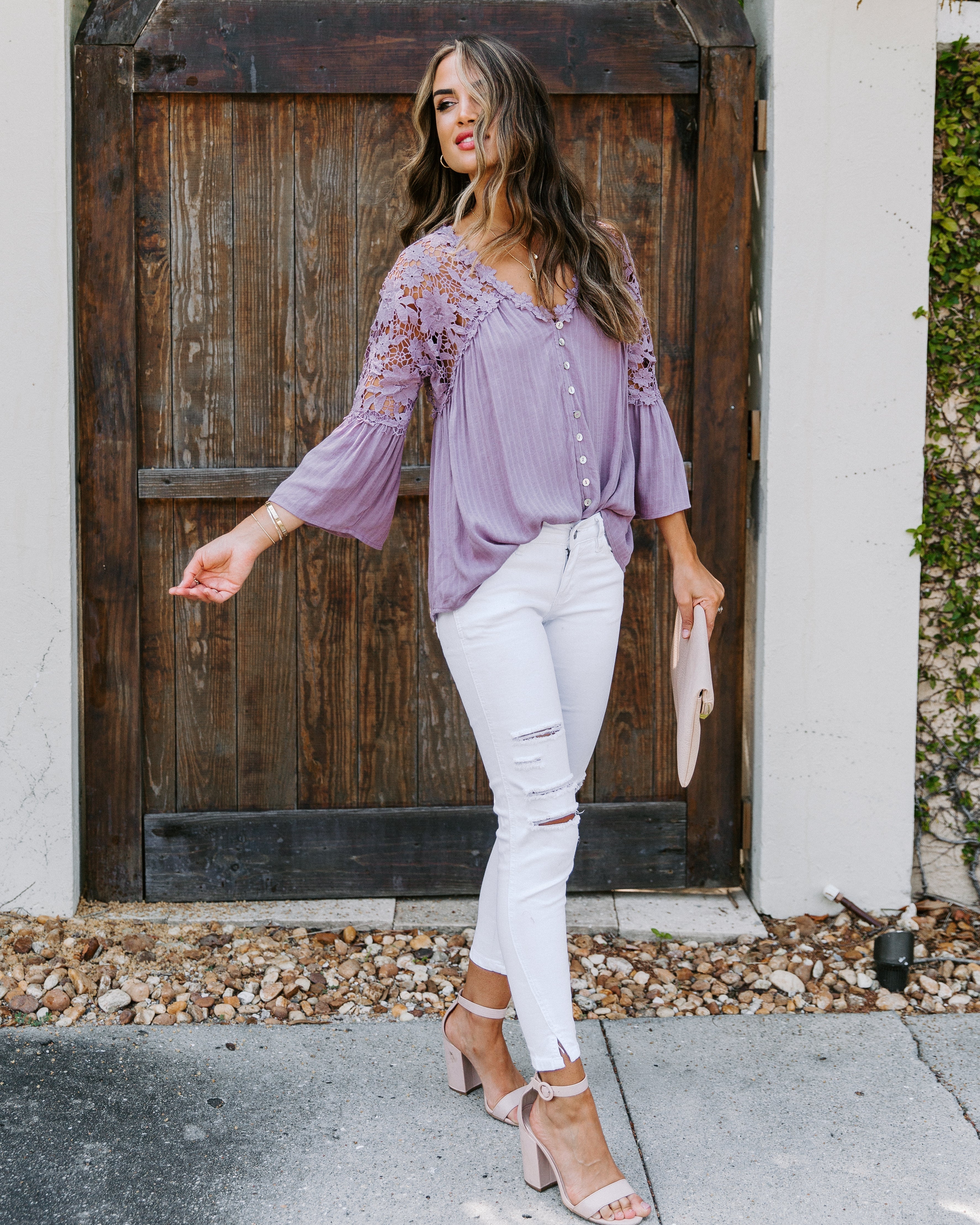 Kami Crochet Lace Button Down Top - Mauve